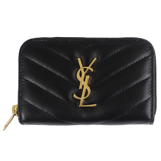 YSL 珍珠紋V型羊皮金LOGO拉鍊卡片零錢包(黑)