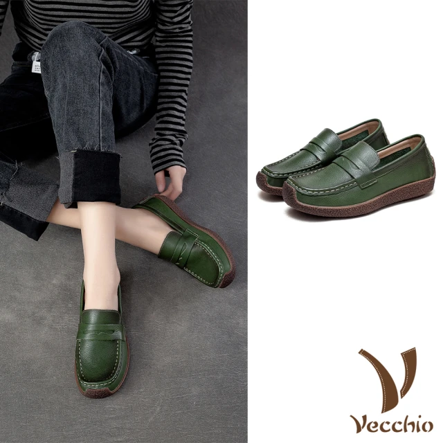 VecchioVecchio 真皮樂福鞋 牛皮樂福鞋/全真皮頭層牛皮護趾機能復古擦色寬楦舒適樂福鞋(綠)