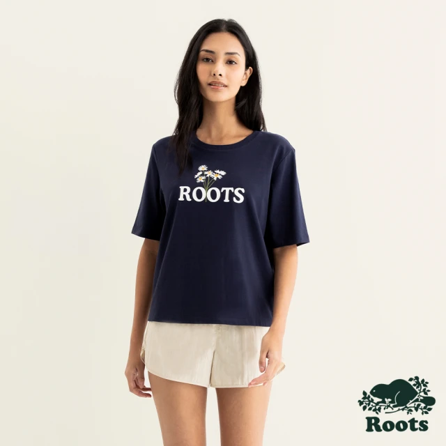 RootsRoots Roots女裝-繽紛花卉系列 刺繡花卉寬版短袖T恤(軍藍色)