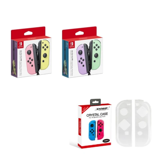 Nintendo 任天堂 新色上市 Switch Joy-con 原廠手把+副廠 透明水晶殼(紫綠 粉黃 台灣公司貨)