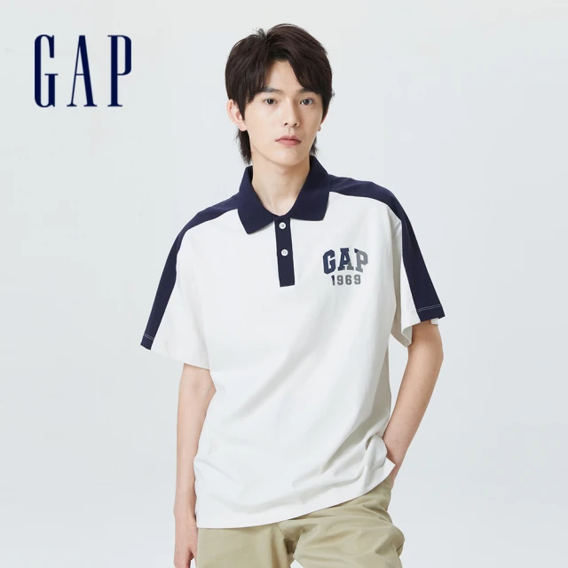 GAPGAP 男裝 Logo純棉寬鬆短袖POLO衫 厚磅密織水洗棉系列-白色(841872)