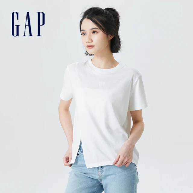 GAP 女裝 Logo純棉開衩下擺短袖T恤-白色(842015)