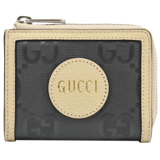 GUCCI 古馳 新版經典雙G緹花拼接信用卡拉鍊零錢包(米/灰)