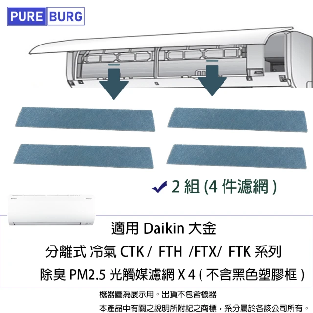 PUREBURG 適用Daikin大金分離式冷氣 CTK FTH FTX FTK系列 副廠除臭PM2.5光觸媒濾網 4入(4入組)