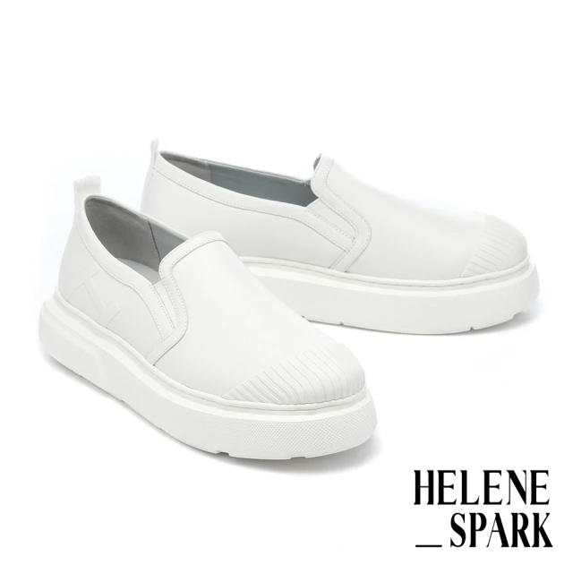HELENE_SPARK 日常百搭H壓印拼接軟牛皮厚底休閒鞋(白)