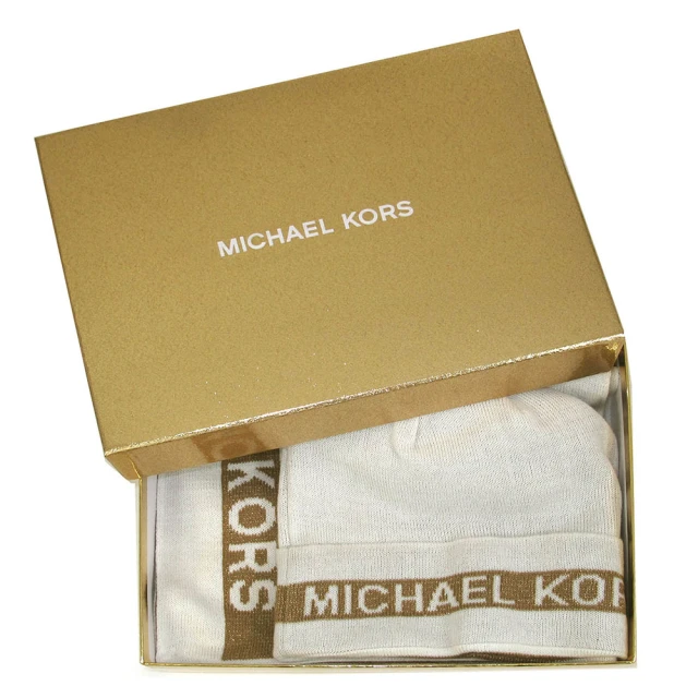 Michael Kors 字母條飾毛帽x圍巾禮盒組(白金色)