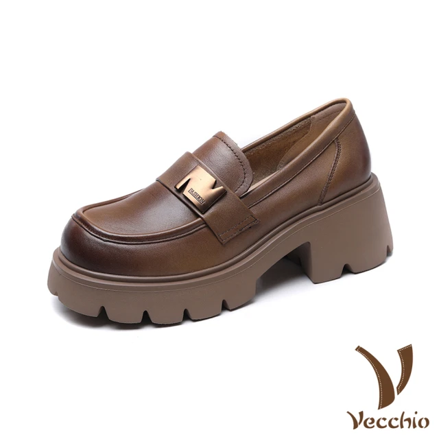 VecchioVecchio 真皮跟鞋 粗跟跟鞋/全真皮頭層牛皮寬楦舒適金屬釦造型厚底粗跟鞋(卡其)