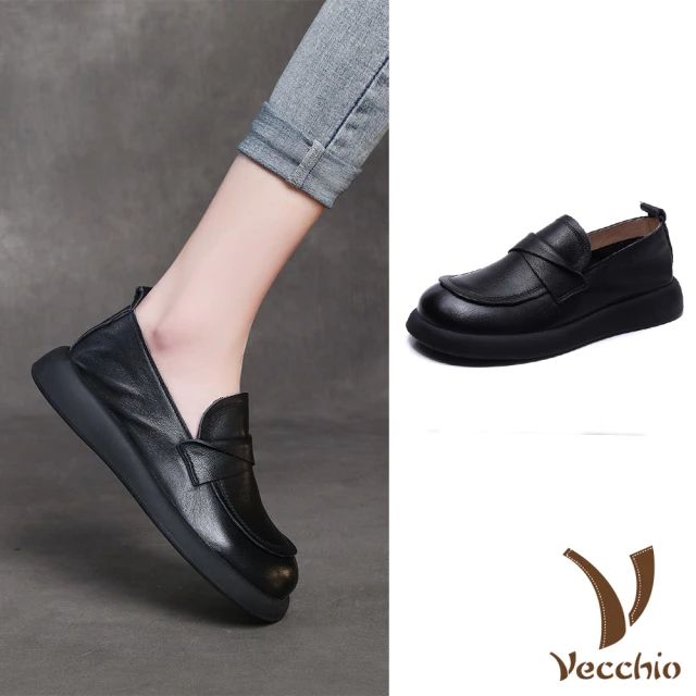 VecchioVecchio 真皮樂福鞋 一字樂福鞋/全真皮頭層牛皮舒適寬楦反摺一字帶樂福鞋(黑)