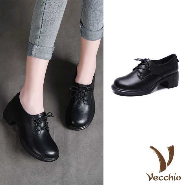 VecchioVecchio 真皮跟鞋 粗跟跟鞋/全真皮頭層牛皮百搭寬楦繫帶粗跟鞋(黑)