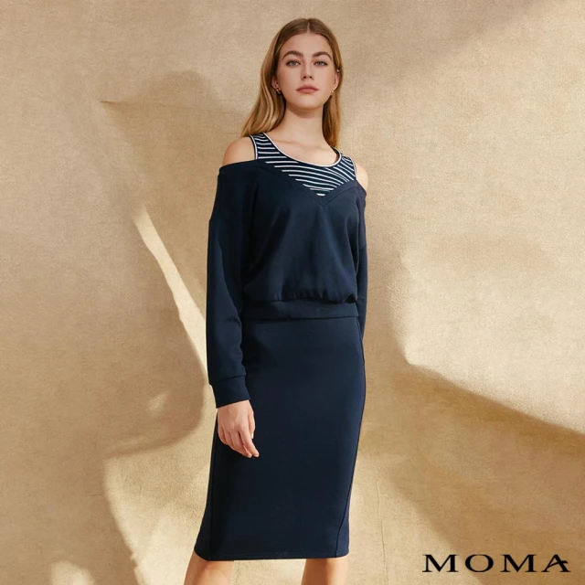 MOMA 設計感露肩假兩件衛衣(深藍)
