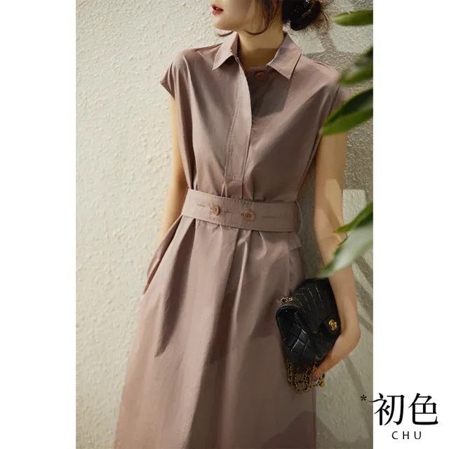 【初色】包肩袖襯衫領連身裙洋裝-共4色-61259(M-XL可選)