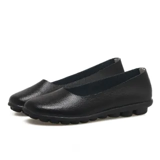 【LOVE FOOT 樂芙】真皮小圓頭舒適平底百搭休閒鞋 復古奶奶鞋(黑)