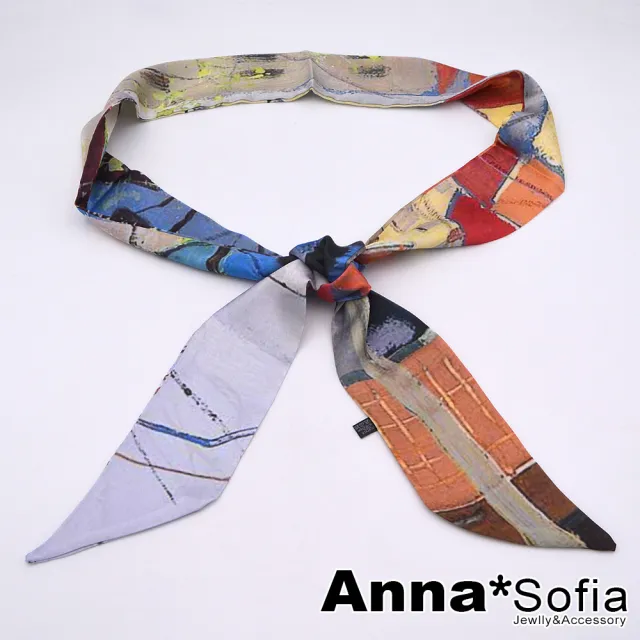 【AnnaSofia】仿絲領巾絲巾圍巾-彩繪瓦牆 長窄版緞面 現貨(彩系)