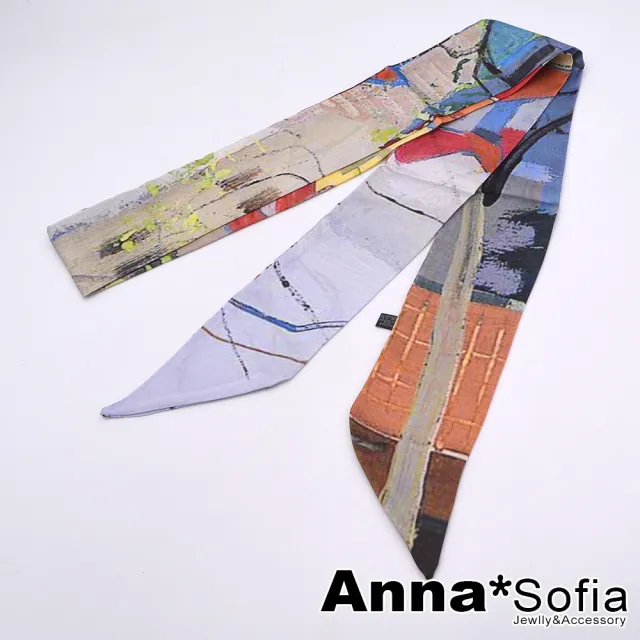 【AnnaSofia】仿絲領巾絲巾圍巾-彩繪瓦牆 長窄版緞面 現貨(彩系)
