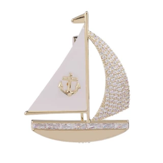 【RJNewYork】奢華帆船珍珠閃耀鋯石2用胸針(金色)