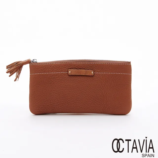 【OCTAVIA 8】雙11 真皮 彎彎的  荔枝牛皮流蘇手機手拿式長夾(氣質駝)