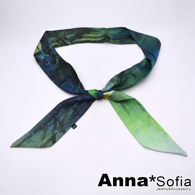 【AnnaSofia】仿絲領巾絲巾圍巾-黯繪花荷 長窄版緞面 現貨(黑綠系)