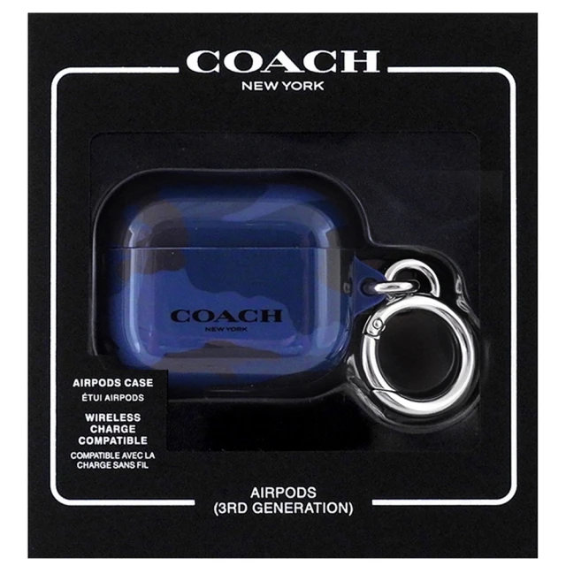 COACHCOACH 迷彩圖樣AirPods 3收納盒/小掛包禮盒-藍色(買就送璀璨水晶觸控筆)