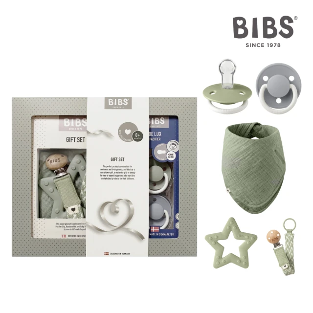 BIBSBIBS 精美五件禮盒組(De Lux 矽膠奶嘴-夜光2入/固齒器/奶嘴鏈/圍兜/原裝進口公司貨)