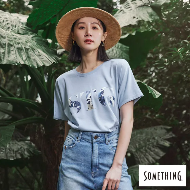【SOMETHING】女裝 圖案寬版T恤(水藍色)