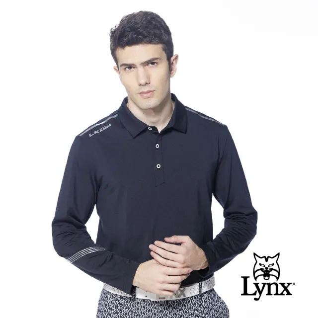 【Lynx Golf】korea男款右肩LXG字樣曲線條紋長袖POLO衫/高爾夫球衫(黑色)