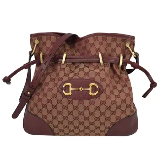 【GUCCI 古馳】1955 Horsebit 經典馬蹄LOGO雙G緹花帆布束口斜背包(酒紅)