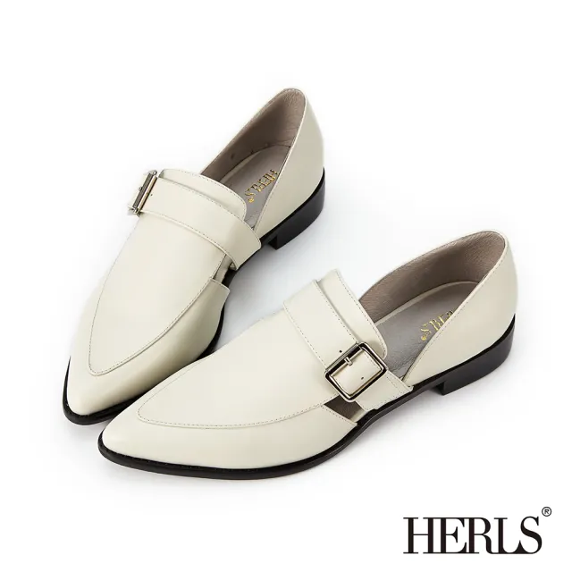 【HERLS】樂福鞋-時髦全真皮側V橫帶釦環尖頭樂福鞋(白色)