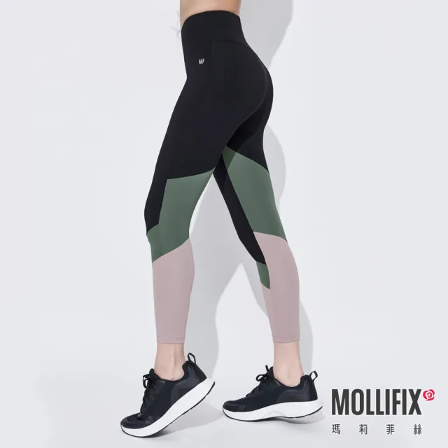 【Mollifix 瑪莉菲絲】玩色切割8分褲、瑜珈服、Legging(黑+綠)