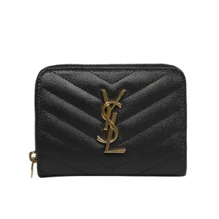 【YSL】SAINT LAURENT Cassandre 荔枝牛皮 拉鍊 釦式 短夾 卡夾 零錢包 金字 皮夾 黑色 668288