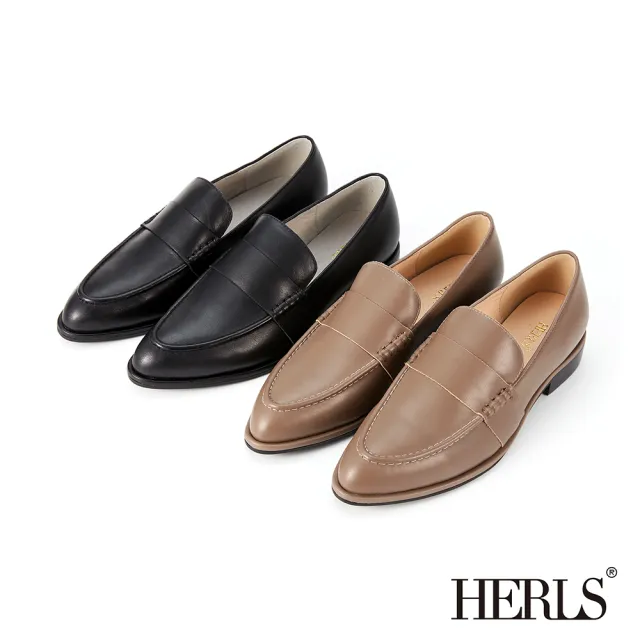 【HERLS】樂福鞋-全真皮縫線造型橫帶低跟樂福鞋(可可色)