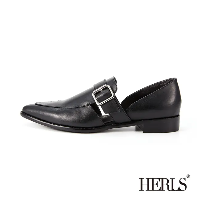 【HERLS】樂福鞋-時髦全真皮側V橫帶釦環尖頭樂福鞋(黑色)