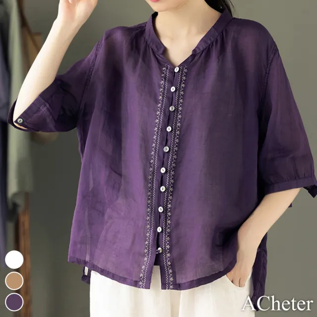 【ACheter】日式和風純色刺繡棉麻感V領修身側開衩寬鬆七分袖上衣#112393現貨+預購(3色)