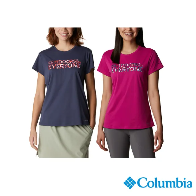 【Columbia 哥倫比亞 官方旗艦】女款- Omni-Shade UPF50酷涼快排LOGO短袖上衣-深藍(UAR34550NY / 2022年春