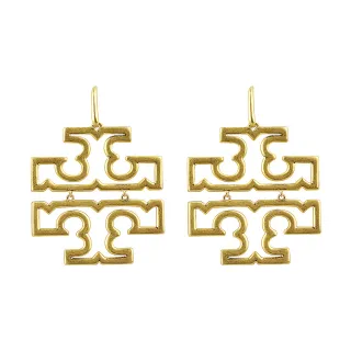 【TORY BURCH】TORY BURCH  Britten鏤空雙T金字LOGO鉸鏈吊墜鉤扣耳環(金)