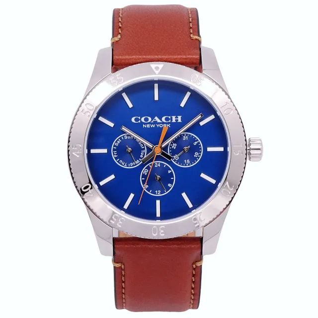 【COACH】COACH 美國頂尖精品簡約時尚三眼造型皮革腕錶-藍面+咖啡-14602441