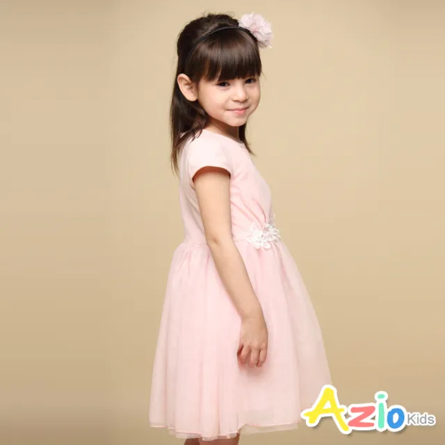 【Azio Kids 美國派】女童  洋裝 立體蕾絲花朵包袖網紗洋裝(粉)