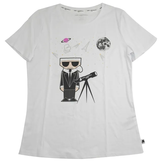 【KARL LAGERFELD 卡爾】老佛爺公仔望遠鏡外太空圖案棉質短T恤(白)