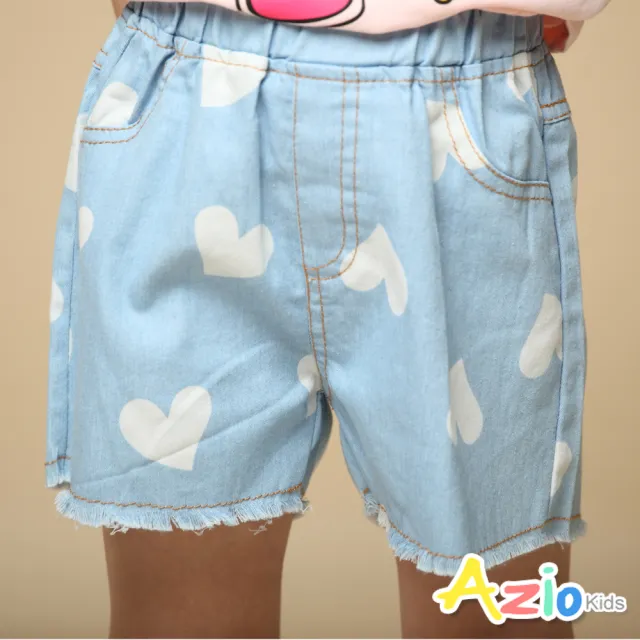 【Azio Kids 美國派】女童 短褲 愛心印花牛仔短褲(藍)