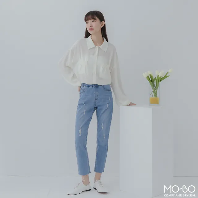 【MO-BO】仙女系雪紡口袋開襟襯衫(上衣)