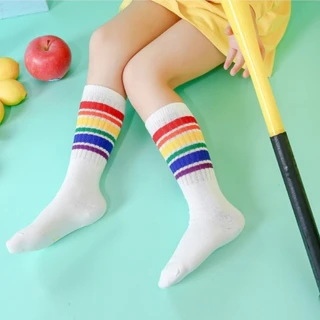 【橘魔法】彩虹中筒襪 (白色襪子 學生襪 足球襪 長襪 襪子 兒童 男童 女童 中性款 童裝)