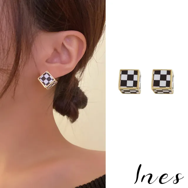 【INES】韓國設計S925銀針復古立體黑白棋盤格造型耳環(S925銀針耳環 黑白耳環 棋盤格耳環)