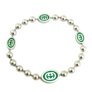 【GUCCI 古馳】台灣現貨-925純銀-綠色琺瑯IInterlocking 雙G橢圓牌珠珠手鍊
