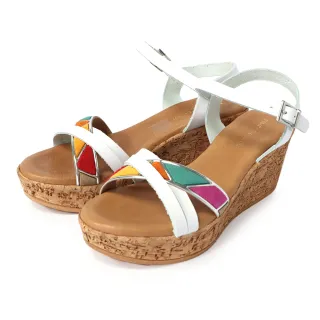 【TINO BELLINI 貝里尼】西班牙進口靚亮多彩交叉繞帶軟木楔型涼鞋FSPT0002(白)