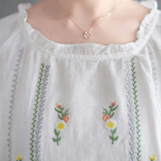 【ACheter】涼爽刺繡氣質寬鬆花邊棉麻上衣#112526現貨+預購(2色)