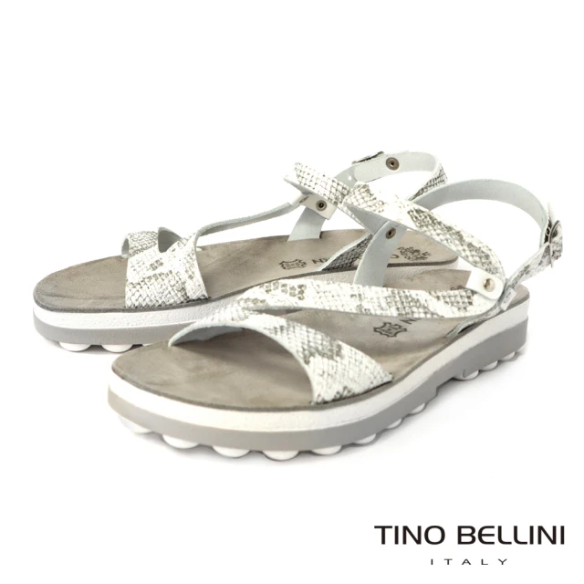 TINO BELLINI 貝里尼 希臘進口灰白色蛇紋繞帶休閒舒足涼鞋FSJO0003(白)