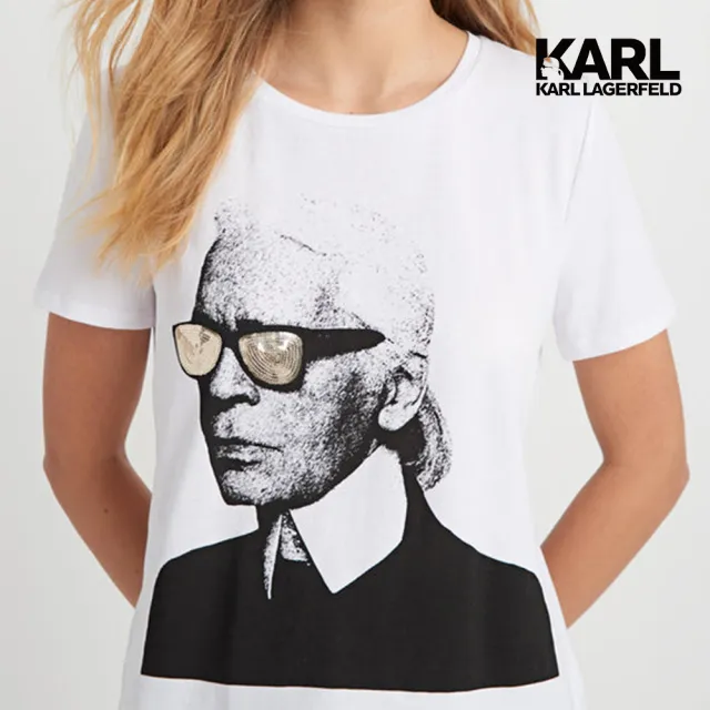 【KARL LAGERFELD 卡爾】KARL素描亮片墨鏡人像T恤-白(正面飾有老佛爺圖像/金色亮片裝飾細節/潮流百搭T)