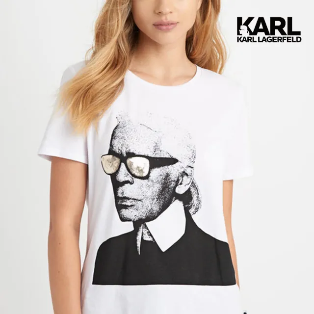 【KARL LAGERFELD 卡爾】KARL素描亮片墨鏡人像T恤-白(正面飾有老佛爺圖像/金色亮片裝飾細節/潮流百搭T)