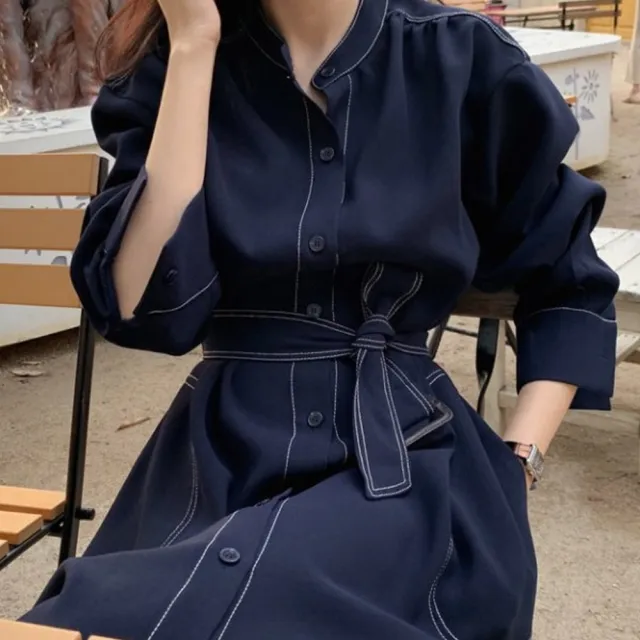 【baibeauty 白鳥麗子】韓系優雅立領單排扣收腰風衣長袖洋裝(連身裙)