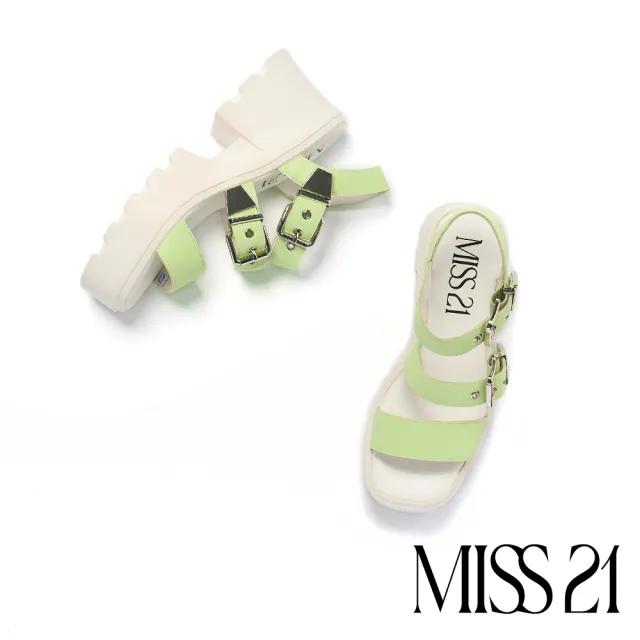 【MISS 21】個性叛逆寬繫帶牛皮大方頭厚底涼鞋(綠)