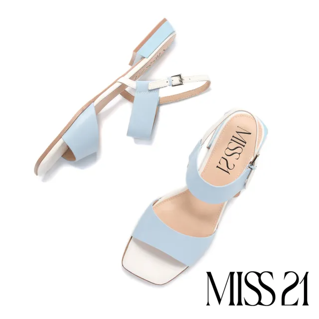 【MISS 21】經典簡約雙寬帶牛皮方頭低跟涼鞋(藍)